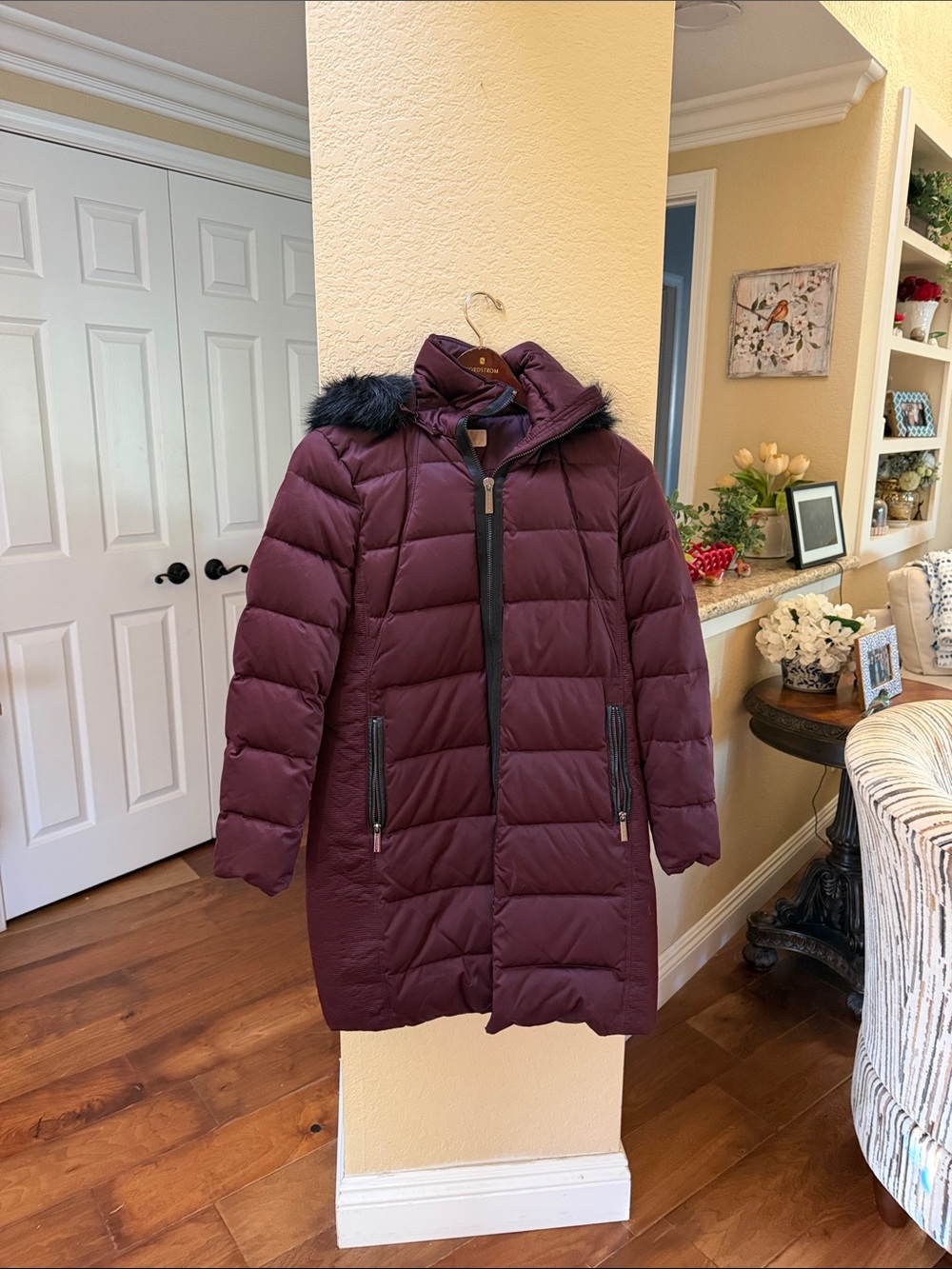 Michael Kors /Butgundy/PlumQuilted Long Puffer Coat with Faux Fur Trim